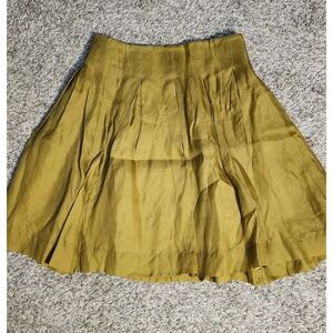 Fei Anthropologie 100% Silk Pleated Mini Skirt Olive Green Chartreuse Size 6
